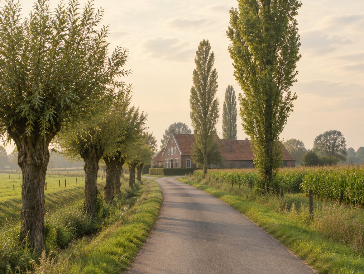 Landelijke weg met knotwilgen en een boerderij in West-Vlaanderen