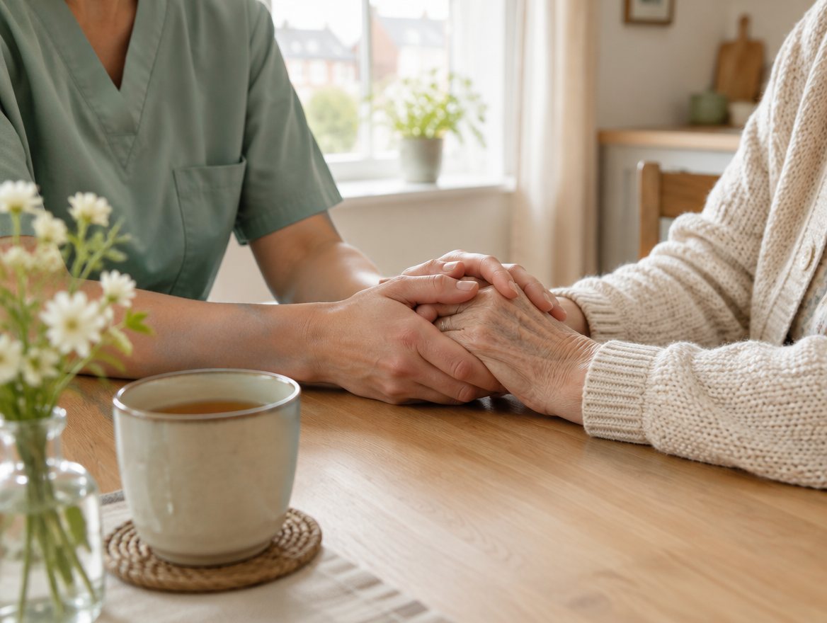 Handen van een verpleegkundige die de hand van een oudere dame vasthouden aan de keukentafel