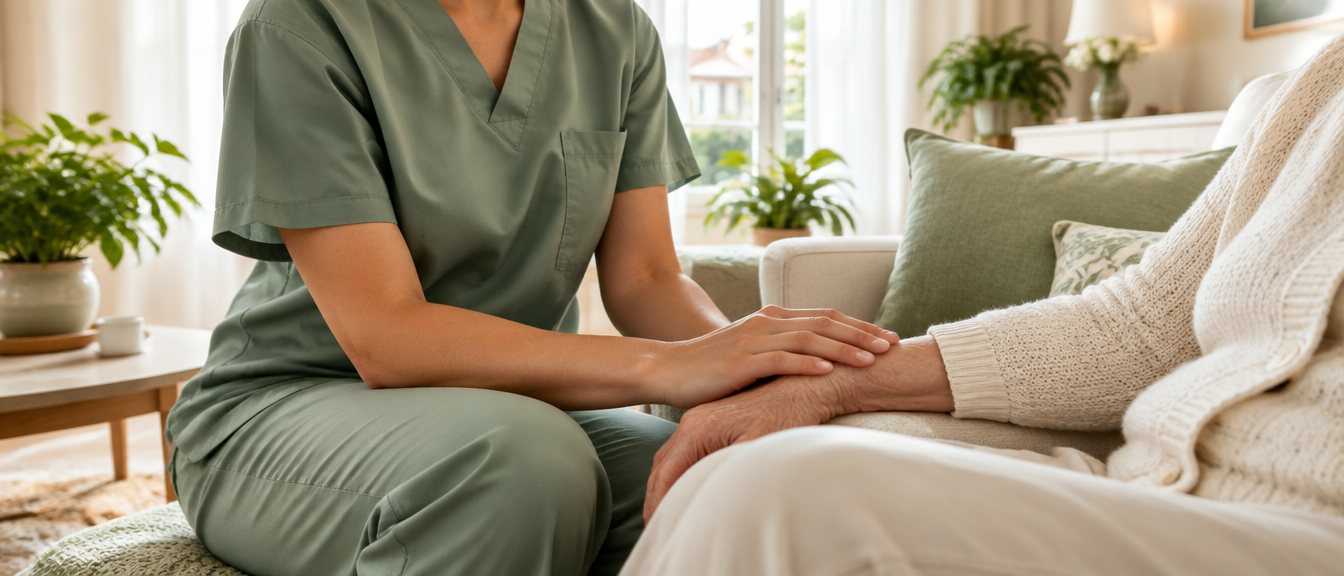 Een verpleegkundige legt geruststellend haar hand op de arm van een oudere persoon thuis